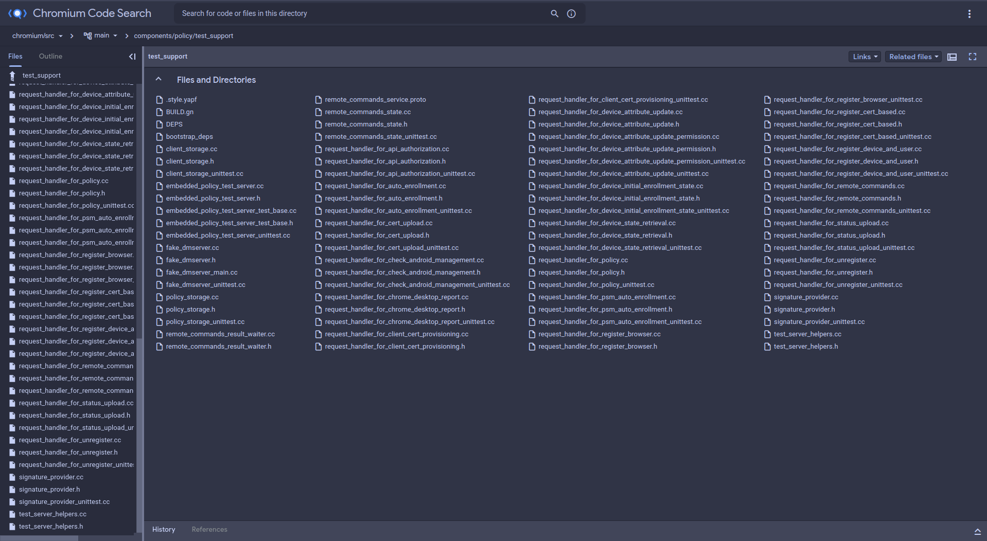 image of Chromium Code Search open to folder components/policy/test_support