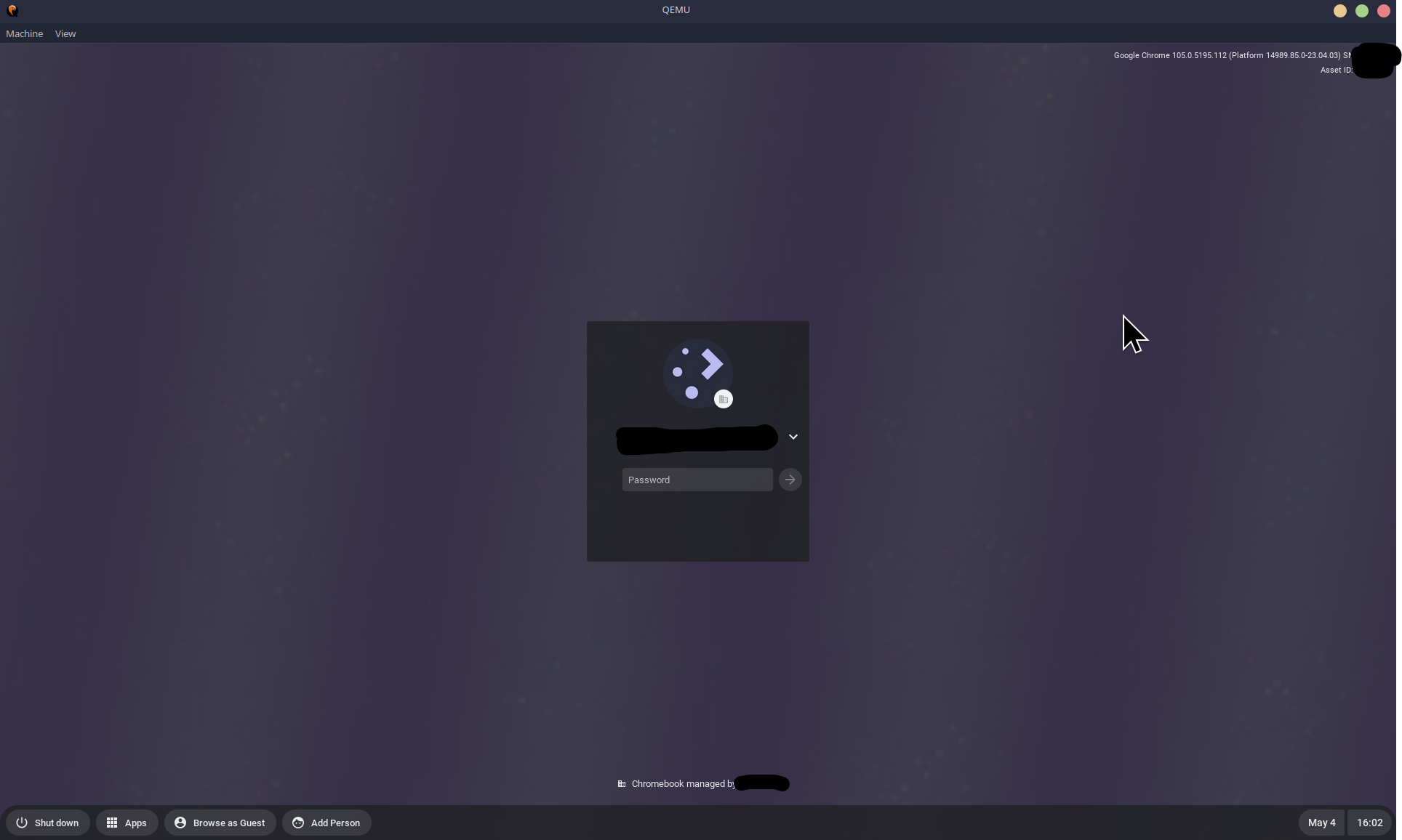 image of a ChromeOS VM whose policy has been patched with lilac