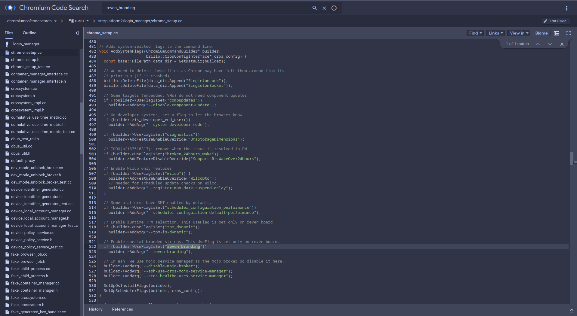 image of Chromium Code Search open to file src/platform2/login_manager/chrome_setup.cc; line 522 is highlighted; reven_branding is in the search bar.